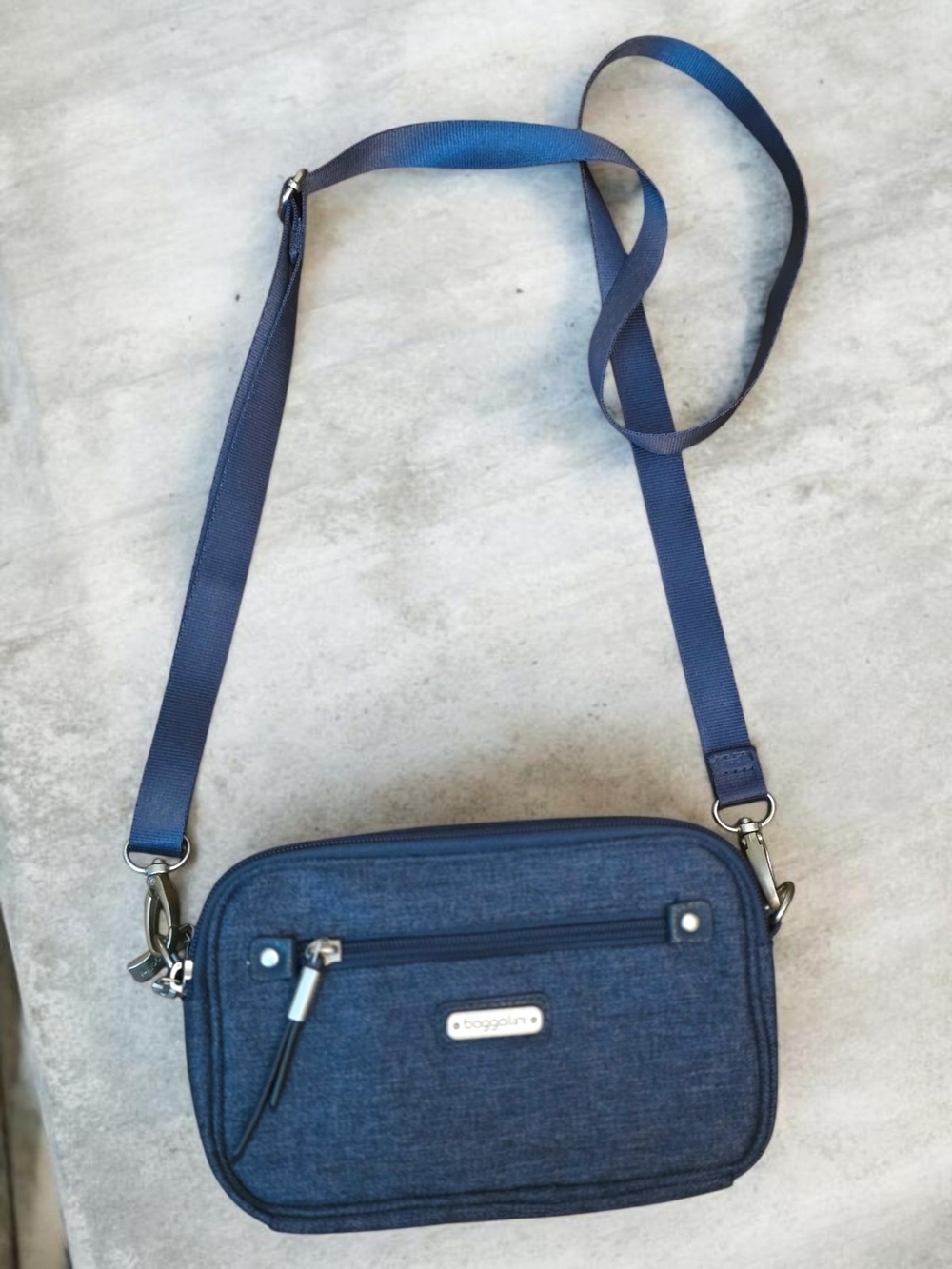 Baggallini Navy Blue Denim Crossbody Bag - Compact Everyday Carry - Picture 5 of 15